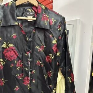 Vintage 1980s Prato Rose Printed Silky Satin Formal Suit Jacket Size 12